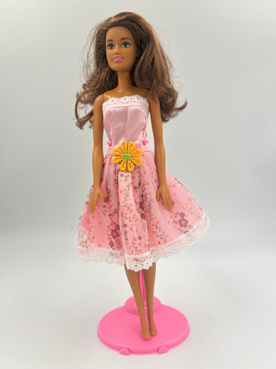 Pink Strapless Dress with Yellow Flower at Bodice