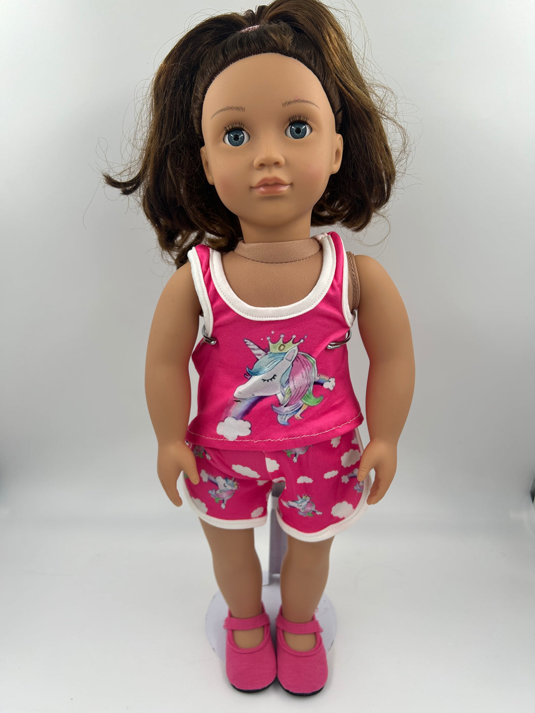 Pink and White set featuring unicorn design for 18 inch doll